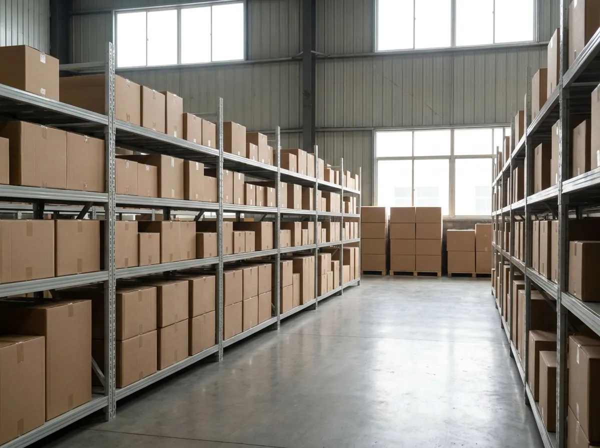 Warehouse aisle with sealed cartons on metal shelving