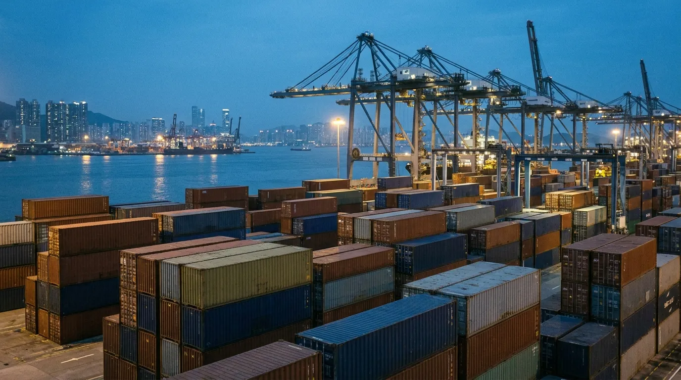 Container terminal on the Hong Kong waterfront at blue hour
