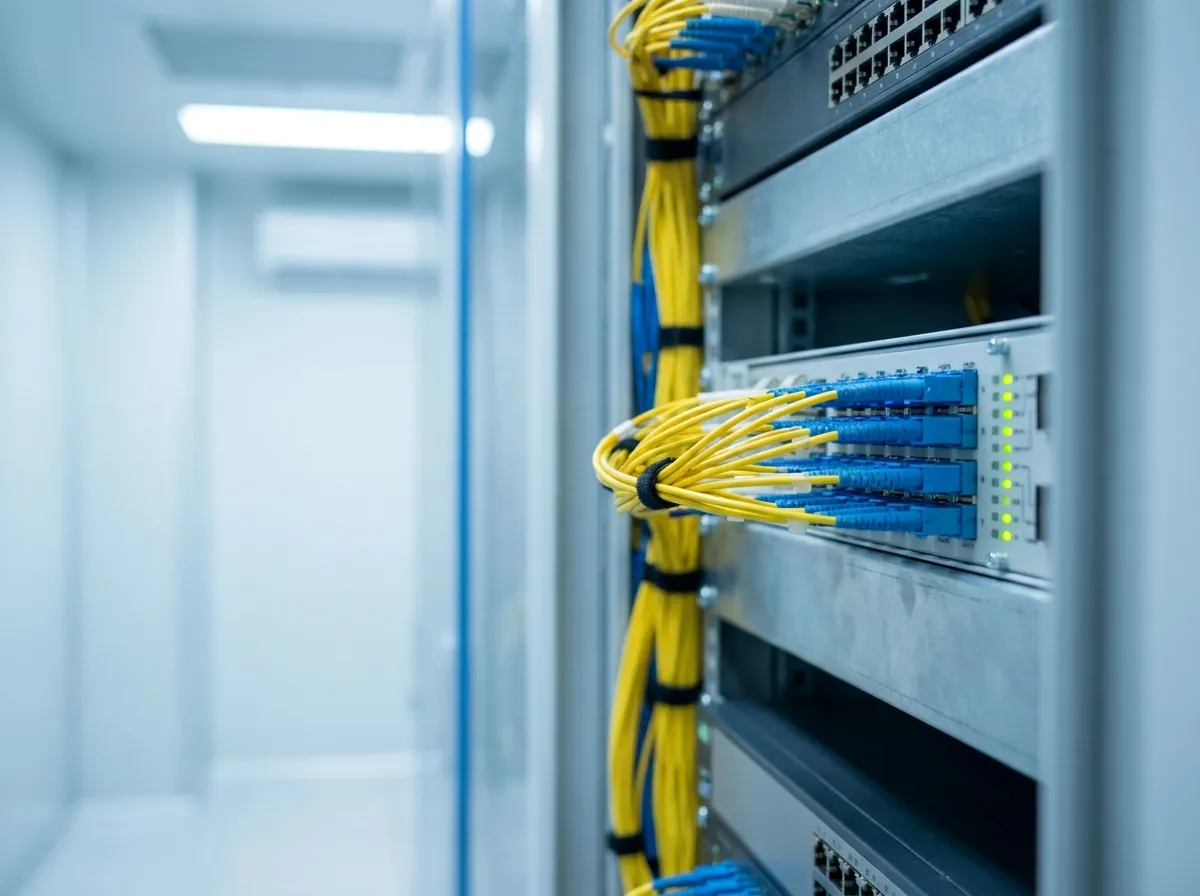Fibre optic patch cables connected to a network rack
